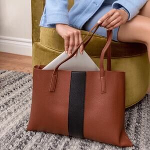 Vince Camuto Luck Tote Chestnut Brown Black Vegan Faux Leather
